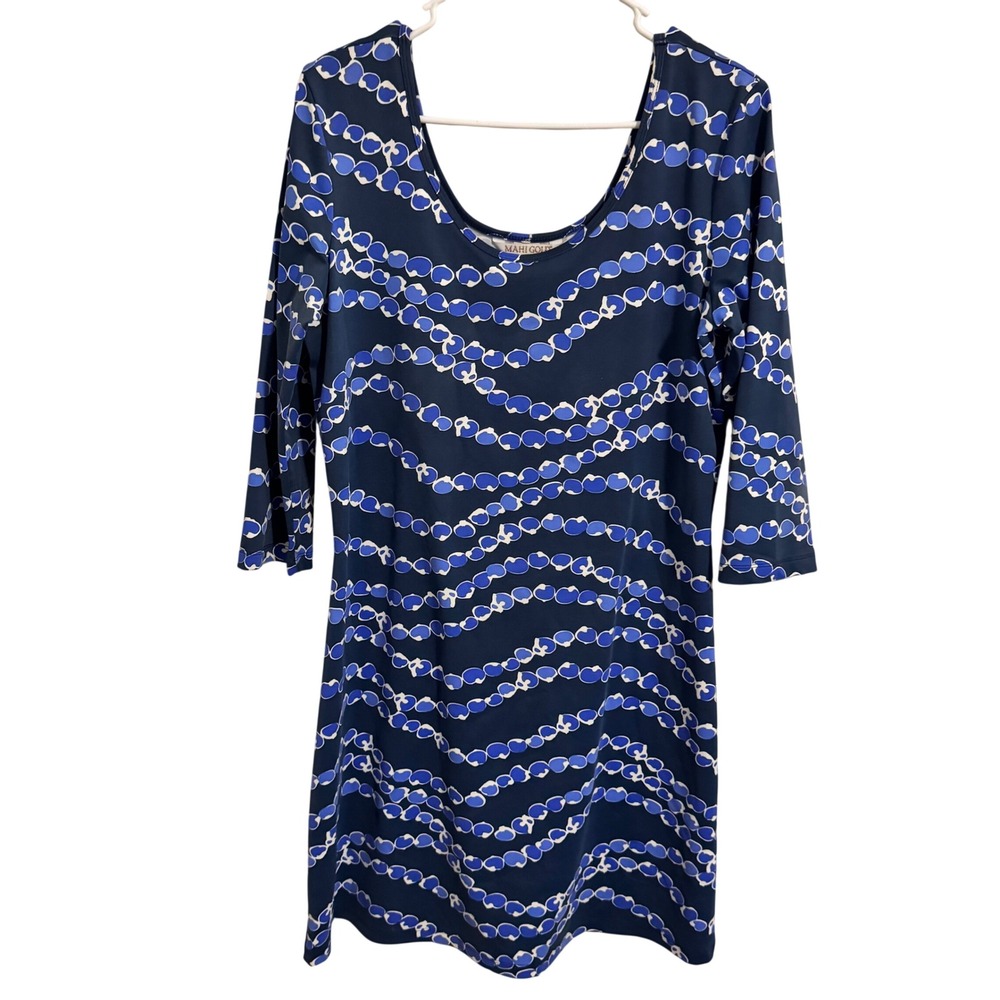 Mahi Gold Womens Large Blue White Wavy Bead Print 3/4 Sleeve Shift Dress Navy